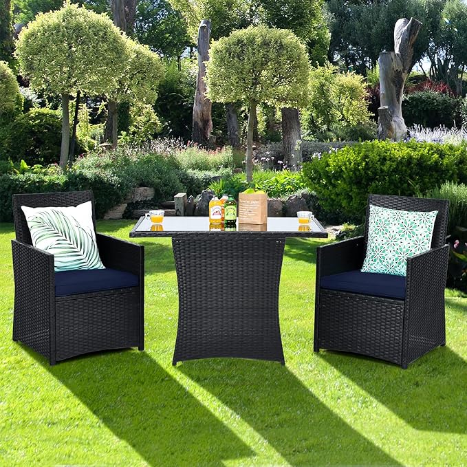 HAPPYGRILL 3 Pieces Outdoor Wicker Bistro Set PE Rattan Dining Table Set with Cushioned Chairs, Patio Conversation Set for Backyard Porch Garden and Poolside