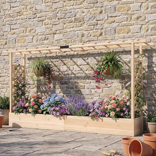 S AFSTAR Raised Garden Bed with Trellis, 2 Pieces Fir Wood Planter Box with Flat Roof & Drainage Holes, Vertical Planter Raised Bed for Climbing Plants, Flowers & Vegetables, 87" x 14" x 45" (Natural)