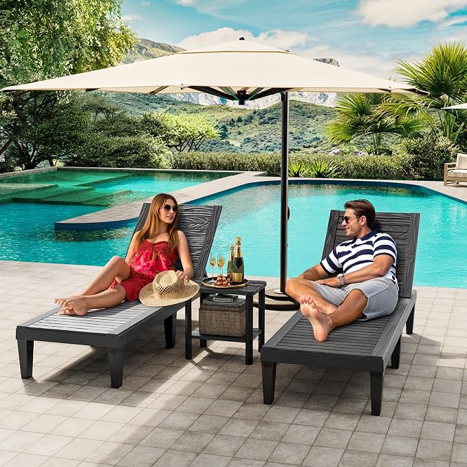 Outdoor Lounge Chair Set of 2 with 1 Black Side Table, 5-Positions Adjustable Patio Chaise Lounge with End Table, Waterproof Pool Lounge Chairs for Poolside, Backyard, Striped Black
