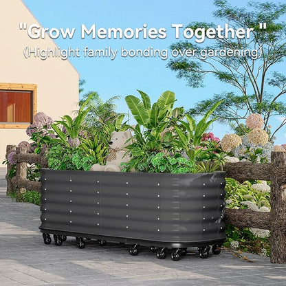 GarveeHome Self-Watering Wheeled Metal Garden Bed – Mobile Raised Planter Box with Water, Galvanized Steel Indoor/Outdoor Rolling Grow Station for Herbs, Veggies & Decor （94.5 in x23.6 in x19.7,Gray
