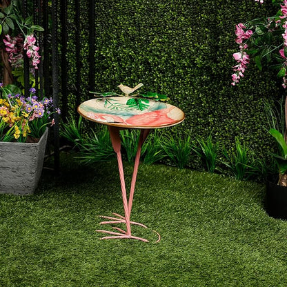 Alpine Corporation ORS876 Outdoor Metal Birdbath w/ Stylish Stand, Flamingo Pattern Birdbath Bowl and Stand, 23"H, Pink/Blue