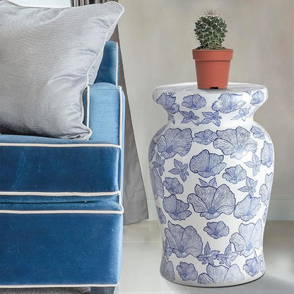 JONATHAN Y Poppies 17.75" Ceramic Drum Garden Stool, Traditional White and Blue Floral Chinoiserie Indoor/Outdoor Side Table, Plant Stand, Patio, White/Blue TBL1018A