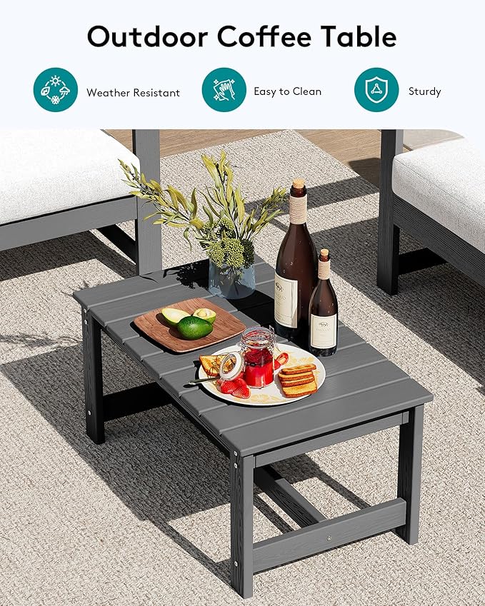 SERWALL 2 Pieces Single Cushioned Sofa Chair, Grey HDPE Outdoor Adirondack Lounge Armchair with Khaki Cushion