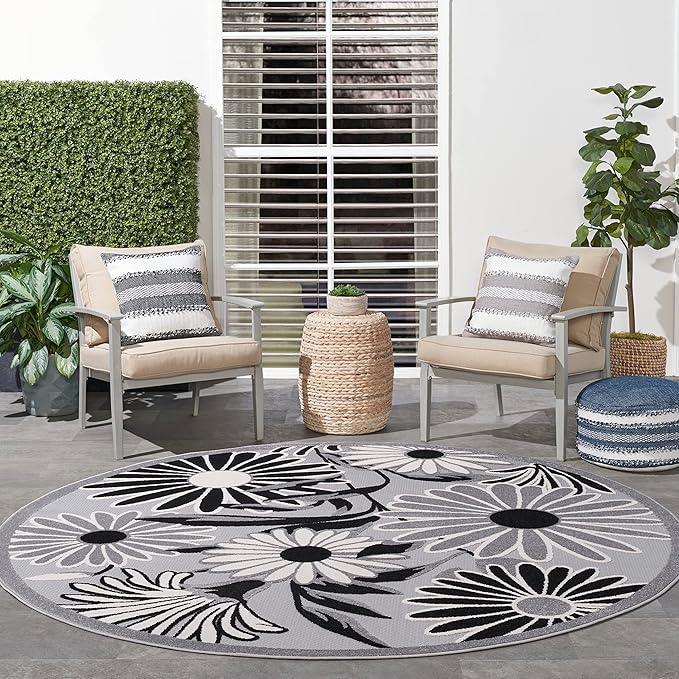 Nourison Home Aloha 8' x Round Black White Fabric Contemporary Area Rug (8' Round)