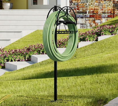 Freestanding Garden Hose Organizer with Storage Basket - Heavy-Duty Black Powder-Coated Hose Stand, Detachable Design Holds 150FT Hose, Includes Wrench & Screwdriver for Easy Assembly