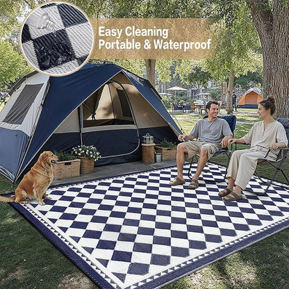 HUGEAR Outdoor Waterproof Rug 9'x12' Plastic Straw Rugs Washable Reversible Floor Mat Blue Plaid Carpet for Camping RV Deck Entryance Porch Picnic Balcony Beach Backyard