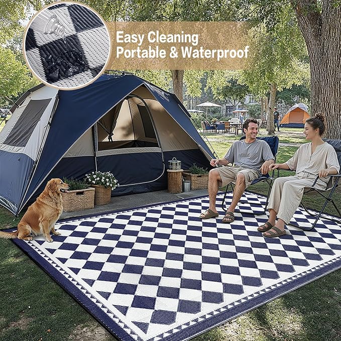 HUGEAR Outdoor Waterproof Rug 10'x14' Plastic Straw Rugs Washable Reversible Floor Mat Blue Plaid Carpet for Camping RV Deck Entryance Porch Picnic Balcony Beach Backyard
