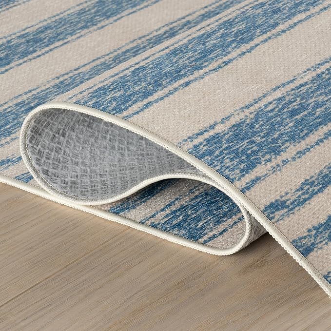 Dash & Albert Vion Blue Machine Washable Rug, 9.5 X 13.5 Feet, Blue/Grey Stripe Pattern