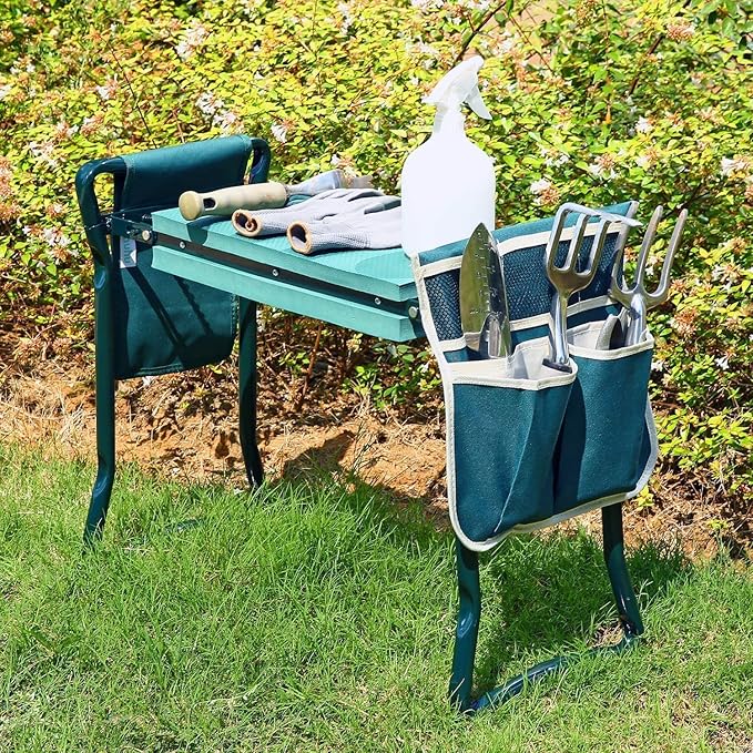 Ohuhu Garden Kneeler and Seat, Heavy Duty Garden Stool with EVA Foam Kneeling Pad, Foldable Gardening Bench with 2 Tool Pouches, 2-in-1 Portable Gardening Supplies, for Seniors