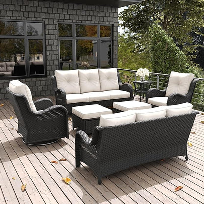 LayinSun 7 Pieces Outdoor Patio Furniture Set, Rattan Wicker Sectional Swivel Rocker Chairs Sets with Ottomans, Swivel Glider Chairs and Coffee Table