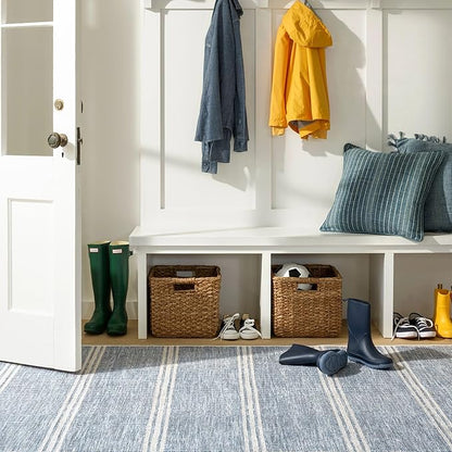Dash and Albert Malta Blue Machine Washable Area Rug - 4' x 6' Blue Stripe Washable Accent Rug - Durable, High Traffic Areas Kitchen, Mudroom, Hallways
