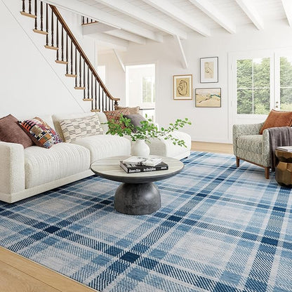 Dash & Albert Andri Plaid Blue Machine Washable Rug, 7.5 X 9.5 Feet, Blue/White Plaid Pattern