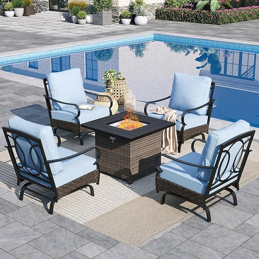 Sophia & William Patio Furniture Set with Fire Pit Table, 5 PCS Metal Outdoor Conversation Set Sofa Couch with Fire Pit Table, 4 Sofa Chairs for Outdoor Seating,Backyard,Porch(Blue)