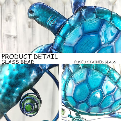 JOYBee Metal Sea Turtle Wall Art Decor Outdoor Indoor Nautical Hanging Art Blue Green Stained Glass Decorative Sculpture for Garden Pool Patio Balcony Kitchen or Bathroom(12.5 * 11inch)