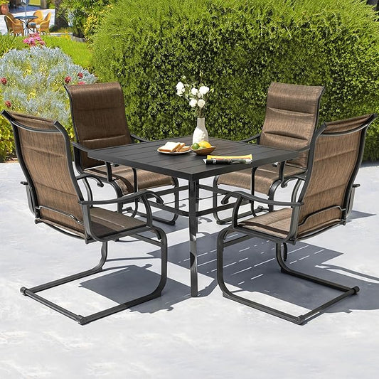 NUU GARDEN 5 Piece Outdoor Dining Set, 4 All Weather Outdoor Padded Textilene Patio Chairs and 37" Square Dining Table with 1.57" Umbrella Hole, for Backyard, Patio, Garden, Brown and Black
