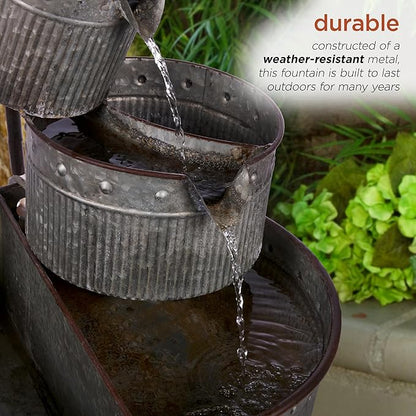 Alpine Corporation YHL684 33" Outdoor Floor 3-Tier Vintage Tubs and Planters Fountain, Rustic Metal Cascading Waterfall Feature for Gardens, Patios, and Yards, Silver