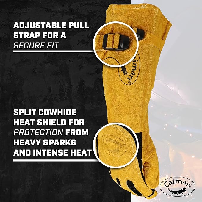 Caiman Premium Split Deerskin MIG/Stick Welding Gloves with Fleece/Foam Insulation, 21-inch length, Split Cowhide Leather Heat Shield Patch, Sock Lined Foam, Kevlar, Black/Gold, X-Large (1878-5)