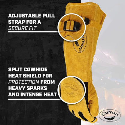 Caiman Premium Split Deerskin MIG/Stick Welding Gloves with Fleece/Foam Insulation, 21-inch length, Split Cowhide Leather Heat Shield Patch, Sock Lined Foam, Kevlar, Black/Gold, X-Large (1878-5)