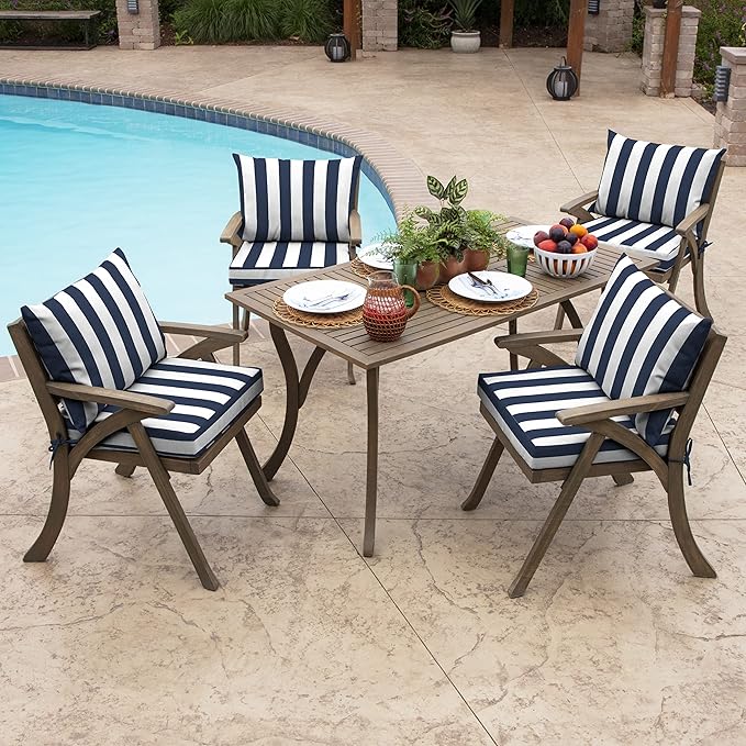 Arden Outdoor Dining Chair Cushion, 21 x 21, Rain-Proof, Fade Resistant Sapphire Blue Cabana Stripe