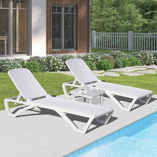Domi Patio Outdoor Chaise Lounge Chair, All-Weather Plastic Adjustable Reclining Lounger, Stackable Tanning Lounge Chair w/Wheels and Side Table, for Beach Garden Lawn Pool(2 White Chairs W/Table)