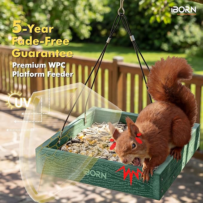 iBorn Platform Bird Feeder Tray Bird Feeders for Outdoors Hanging for Outside Flat Birdfeeder Tray with Large Capacity 3LBS, WPC Recycled Plastic & Cedar Look, Waterproof, 10.6"x10.6", Green