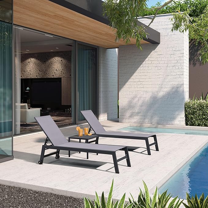 PURPLE LEAF Patio Chaise Lounge Set 4 Pieces Aluminum Outdoor Lounge Chairs with Wheels Textilene Sunbathing Recliner Light Gray