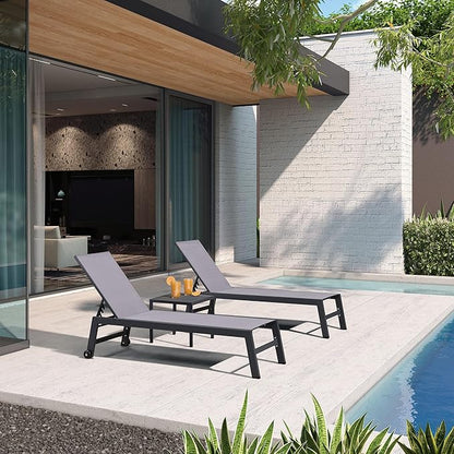 PURPLE LEAF Patio Chaise Lounge Set 4 Pieces Aluminum Outdoor Lounge Chairs with Wheels Textilene Sunbathing Recliner Light Gray
