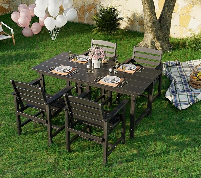Anbuy Patio HDPE Dining Table Set, 5-Piece Outdoor Dining Table Sets, 2 in 1 Outdoor Furniture Table and 4 Outdoor Chairs for Garden, Backyard, Poolside, Easy Assembly, Black