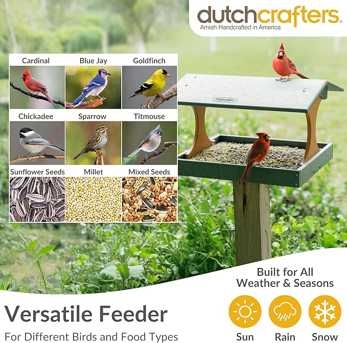 DutchCrafters Amish USA Made Poly Extra Large Fly Through Bird Feeder Post Mount for 4" x 4", Covered Bird Feeder Open Platform Seed Tray for Outdoor, Outside, Garden, Yard (Tudor Brown & Weatherwood)