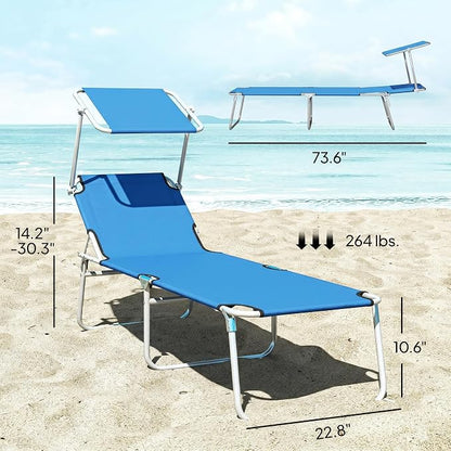 Outsunny Outdoor Lounge Chair, Adjustable Folding Chaise Lounge, Tanning Chair with Sun Shade for Beach, Camping, Hiking, Backyard, Blue