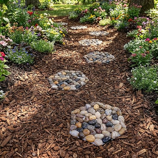 6 PCS Natural River Rock Stepping Stones for Garden Walkway - 9.5'' Hexagon Pebble Mats with Non-Slip Mesh Backing - Decorative Outdoor Stone Pavers for Patio, Lawn, Backyard Path & Landscaping Decor