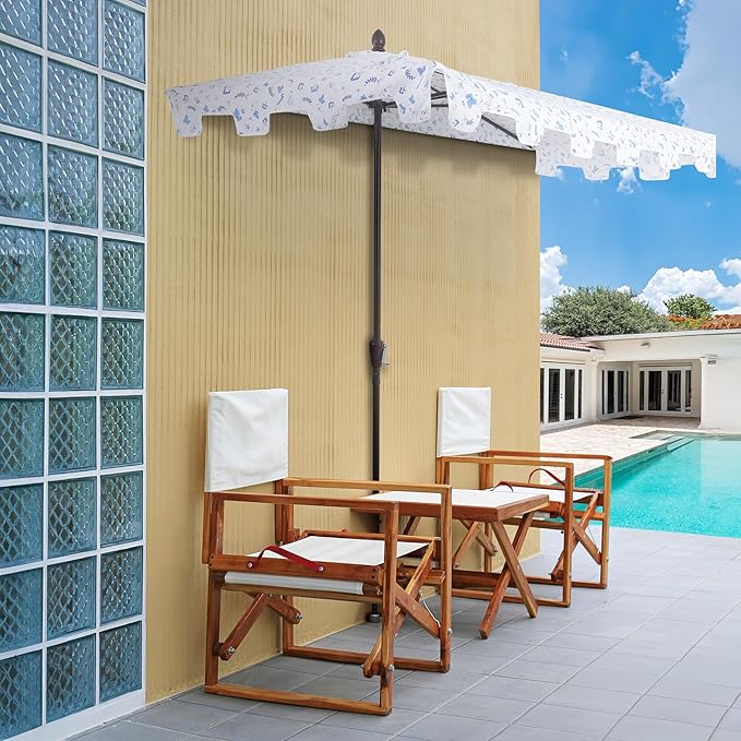 JONATHAN Y Half Umbrella UMB1200F Sidney 9 ft. Classic MidCentury Rectangular Market Patio with Crank, Wind Vent and UV Protection in Blue/White/Cream