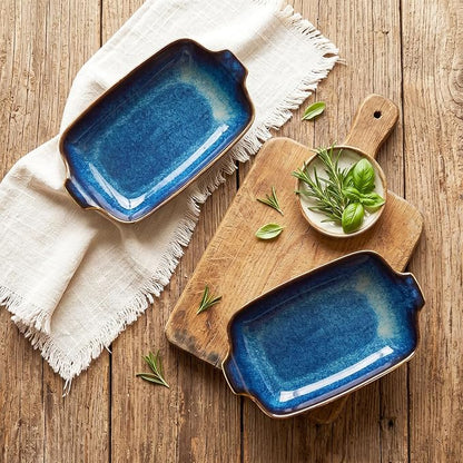 Ceramics Au Gratin baking Dishes Set of 2, Baking Tray Bake ware, 14.4oz Ramekins, for Pie Pan, Appetizer, Tart, Dessert, Quiche, Oven Small dish, individual dishes, Rectangular 9.8 Inch
