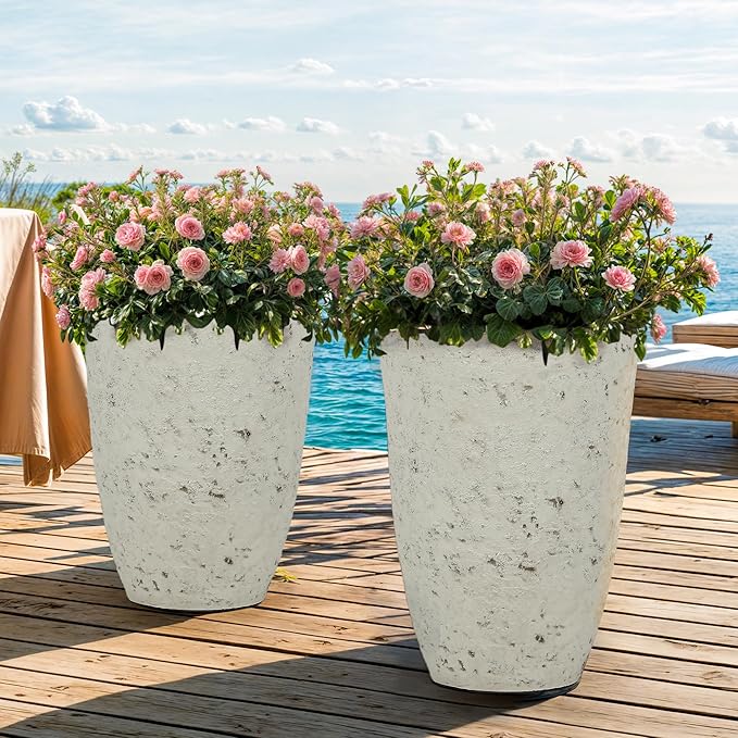 19.5"H Resin Tall Planters for Outdoor Indoor Use, 2-Pack Large Flower Pots, Weather-Resistant Plant Container for Garden Yard Porch or Home Décor, Handcrafted Birch Bark Texture, Country White
