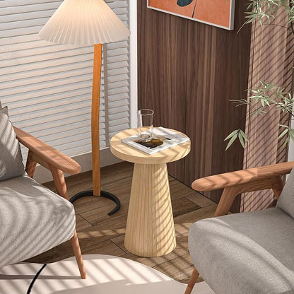 Small Round Pedestal Side Table, Wooden End Table for Living Room, Fluted Drink Table for Small Space, Modern Plant Stand Accent Table for Sofa Couch, 13.6 inch (Wood)