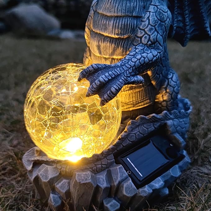 Solar Dragon Garden Statues Outdoor Decor, Resin Dragon Figurine with Solar Crackle Globe LED Lights Lawn Patio Balcony Art Decoration,Housewarming Gifts and Yard Ornament