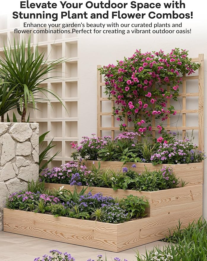 GarveeLife 3 Tier Raised Garden Bed with Trellis, Wooden Vertical Planters with Open-Ended Base for Climbing Plants Vines Flower Herb Vegetable Fruit, Outdoor Planter Boxes for Patio Yard Lawn