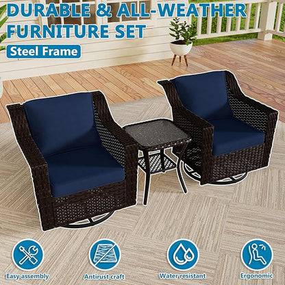 VistaVibe 3 Pieces Outdoor Patio Conversation Furniture Set - 360 Degree Swivel Glider Rocker Chairs | Wicker End Table, Washable Cushions, Hand-Woven PE Rattan, Lawn, Sunroom (Brown/Navy)