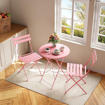 3-Piece Folding Bistro Set Outdoor Patio Furniture, Space-Saving Foldable Chairs & Table Capacity Heavy-Duty Powder-Coated Steel Frame, No Assembly Required for Garden, Balcony, Backyard, Pink