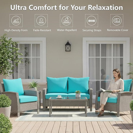 24x24 Inch Outdoor Chair Cushions Set of 4, Patio Furniture Cushions - Removable Cover, Water-Repellent, Fade-Resistant, Non-Slip Bottom & Straps, Replacement for Deep Seat Sofa & Couch - Teal
