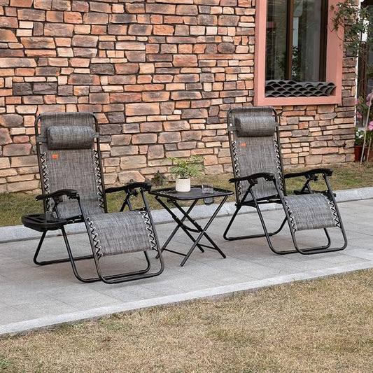 Outsunny Zero Gravity Chair Set with Side Table, Folding Reclining Chair with Cupholders & Pillows, Adjustable Lounge Chairs for Pool, Backyard, Lawn, Beach, Gray