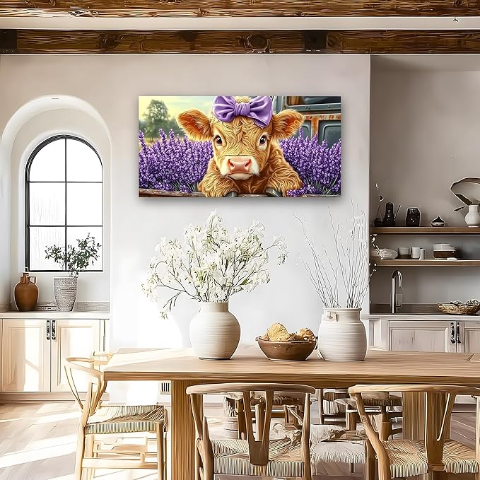 Haichuang Decor Art 40x20 Inch Highland Cow Canvas Wall Art, Cute Cow with Purple Bow & Lavender Field Print, Framed Ready to Hang for Living Room Bedroom Bathroom, Farmhouse Animal Wall Decor