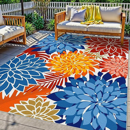 Colorful 5x8 Outdoor Area Rug Washable Multicolored Patio Rug Tropical Botanical Floral Chenille Waterproof Outdoor Carpet for Living Room, Deck, Backyard, Porch, Vivid Dahlia