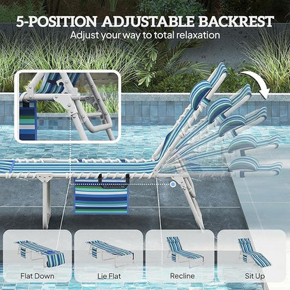 Outsunny Tanning Chair with Face Hole, Side Table, 5-Position Reclining Folding Chaise Lounge Chair Outdoor Lounger Recliner, Carry Straps for Beach Pool Camp, Oxford Fabric, Blue Stripe