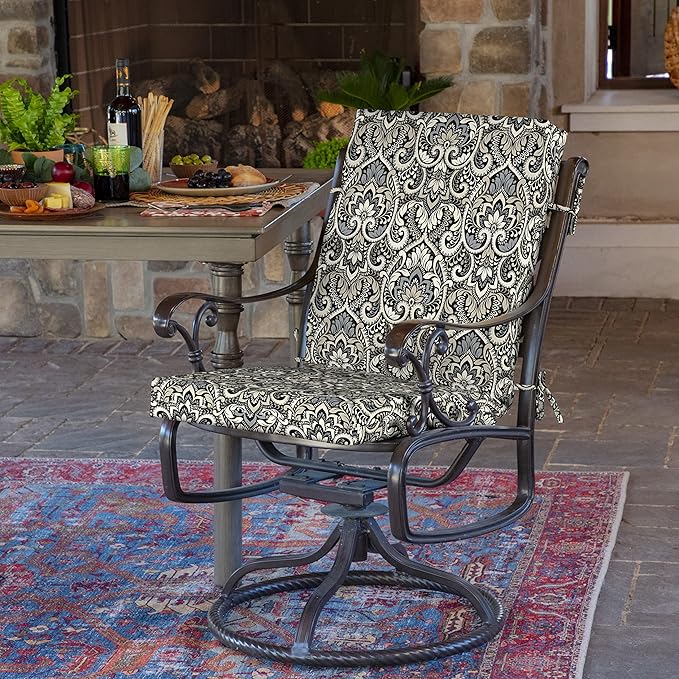 Arden 2-Pack Outdoor Patio Dining Chair Cushion, 20x44, Rain-Proof Seat Pad, Fade-Resistant Outdoor Cushion Black Aurora Damask