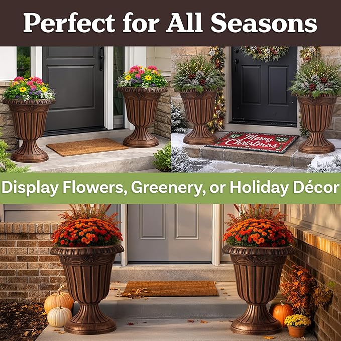 Outdoor Planter 2-Pack - 16x18-Inch Urn Planters for Front Porch Decor, Indoors, Patio or Entryway - Plastic Plant Pots - Large Decorative Flower Pots by Pure Garden (Rustic Bronze)