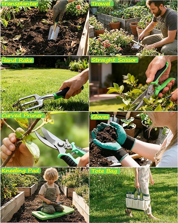 10 Piece Heavy-Duty Gardening Tools Set with Soil Moisture Meter - Rust-Proof Aluminum Gardening Hand Tools with Ergonomic Non-Slip Rubber Grips - Gardening Supplies Ideal Gift for Men & Women