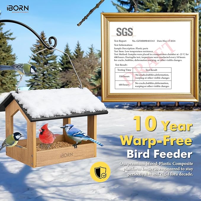 iBorn Pavilion Bird Feeder, Covered Platform Bird Feeder for Outdoors Hanging, WPC Recycled Plastic & Waterproof, Black
