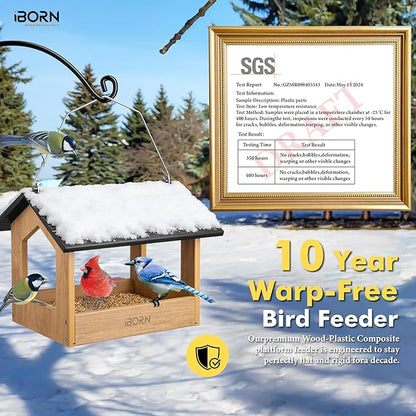 iBorn Pavilion Bird Feeder, Covered Platform Bird Feeder for Outdoors Hanging, WPC Recycled Plastic & Waterproof, Black