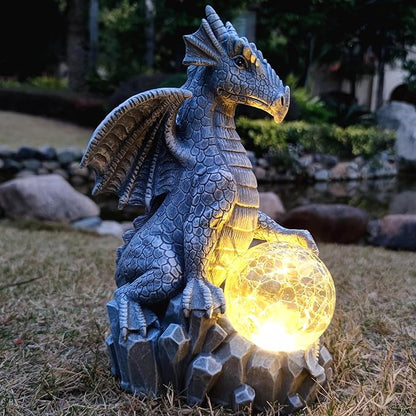 Solar Dragon Garden Statues Outdoor Decor, Resin Dragon Figurine with Solar Crackle Globe LED Lights Lawn Patio Balcony Art Decoration,Housewarming Gifts and Yard Ornament